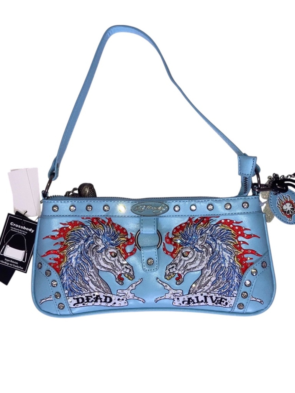 Ed Hardy Light Blue Studded Hobo with Horse Graphic
